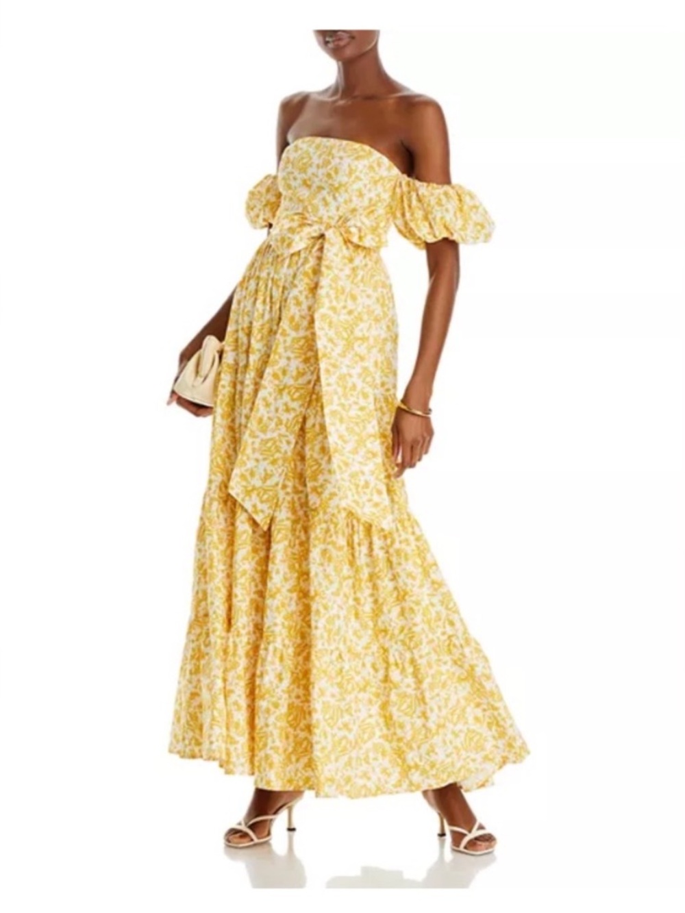AQUA Yellow Floral Off-Shoulder Tiered  Maxi Dress Fully Lined 100% Cotton Belt